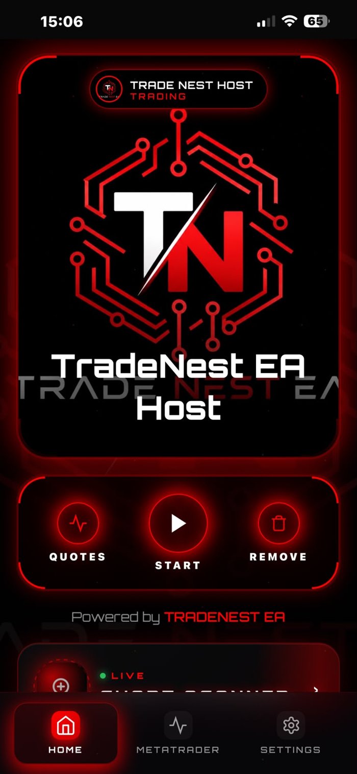 TradeNest EA Host app home screen showing Quotes, Start, and Remove controls