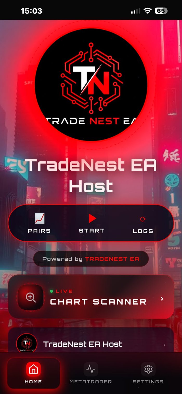 TradeNest EA Host app home screen showing Pairs, Start, Logs, and live Chart Scanner